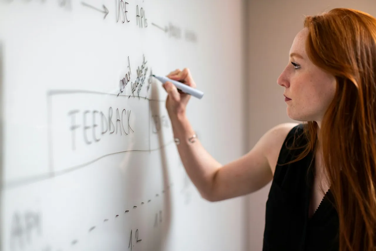 Eine Frau skizziert einen Ablauf und Feedback an einem Whiteboard.